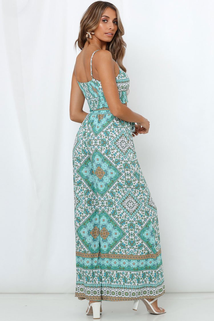 Belted Bohemian Print Crop Top with High Waist Pants-yoyobikini