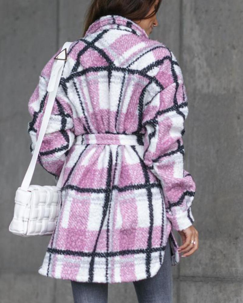Plaid Print Button Front Belted Split Hem Pocket Detail Coat-yoyobikini