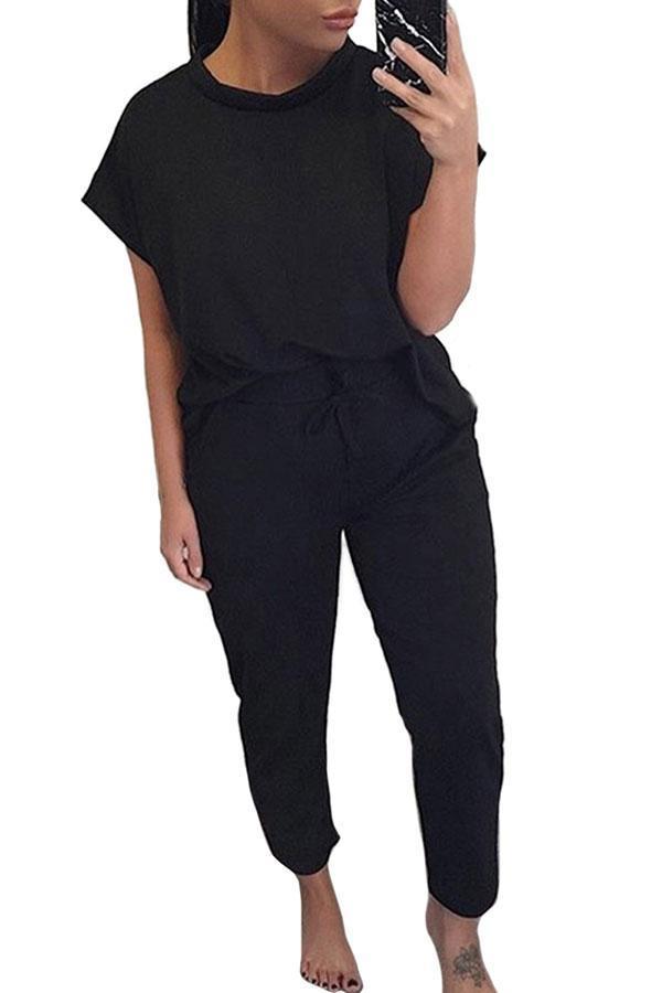 Solid Short Sleeve Tee Pocket Capri Sports Set-yoyobikini