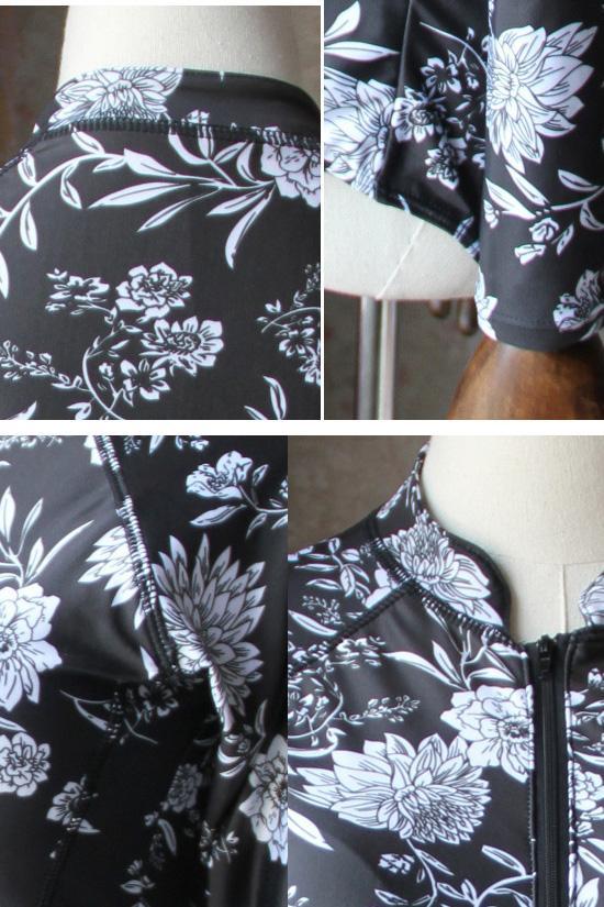 Black Surf Floral Long Sleeve Rash Guard One Piece Swimsuit-yoyobikini