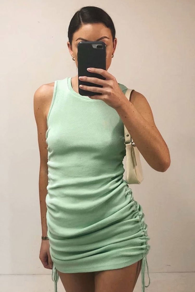 Drawstring Side Ruched Ribbed Tank Dress-yoyobikini