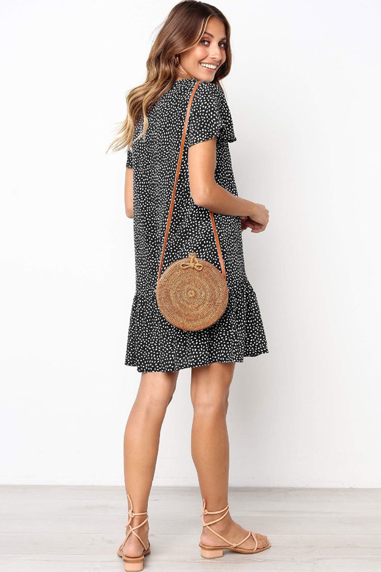 Contrast Print Ruffle Trim Sleeved Beach Mini Dress-yoyobikini