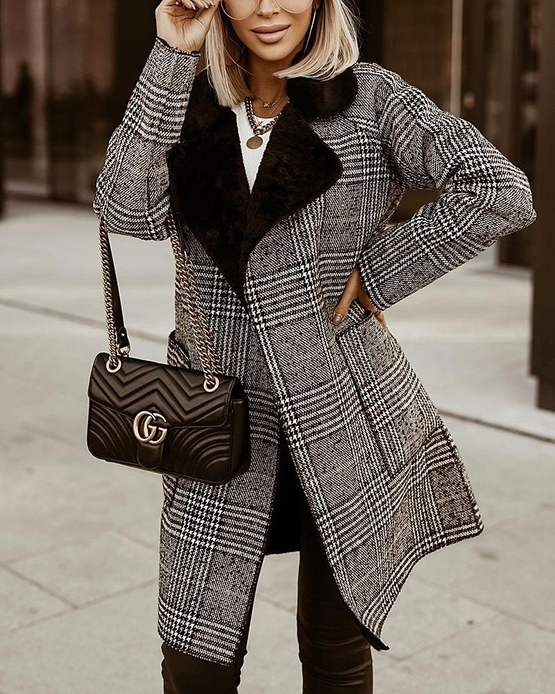 Plaid Sherpa Lined Open Front Dual Pocket Coat-yoyobikini