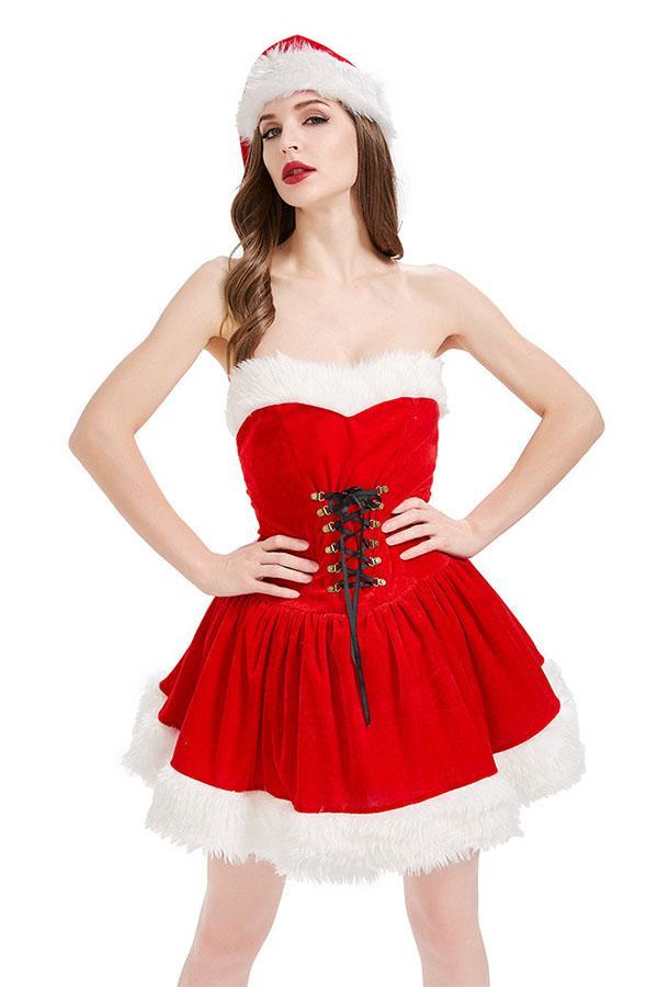 Christmas Dress Santa Women Eyelet Lace Up Costume Red-yoyobikini