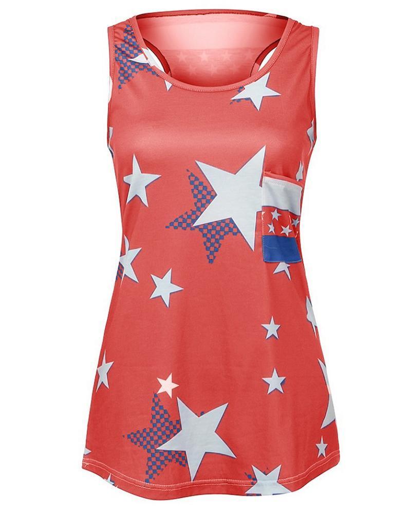 U-neck Flag Print Sleeveless Casual Top-yoyobikini