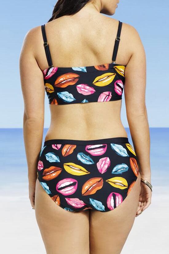 Plus Size Colorful Lips Sweetheart Bandeau Bikini Swimsuit - Two Piece Set-yoyobikini