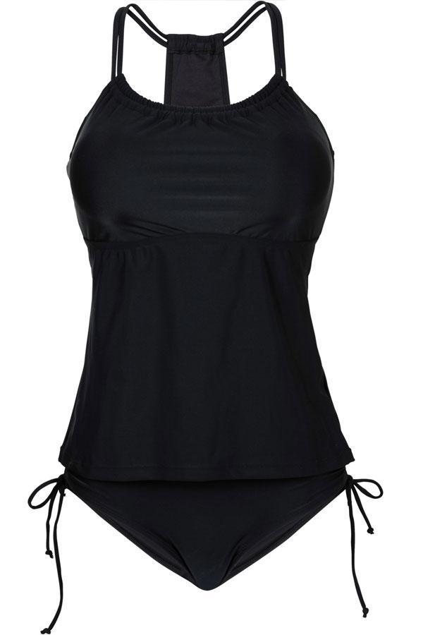 Drawstring Side Solid Black Tankini Set-yoyobikini