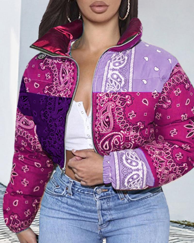 Paisley Pattern Zip Up Crop Puffer Jacket-yoyobikini