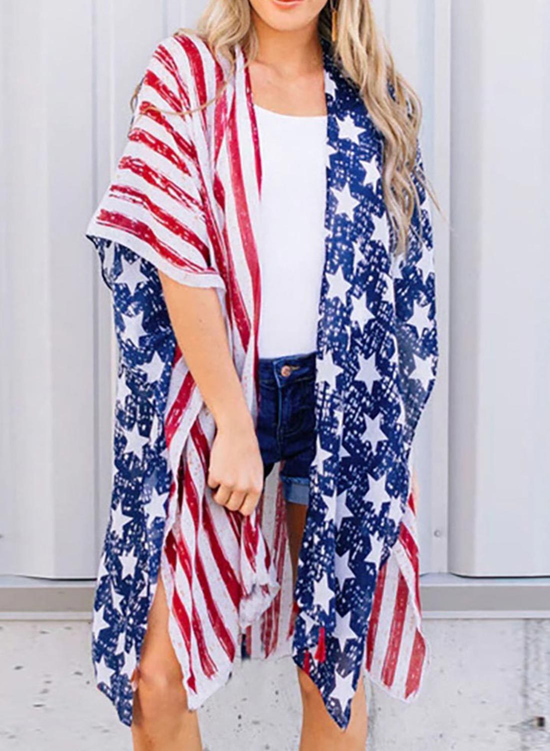 Half Sleeve Shawl Flag Kimono Cover Up-yoyobikini
