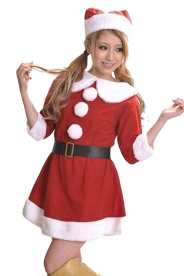 Red Sexy Ladies Doll Collar Pleuche Christmas Santa Costume-yoyobikini