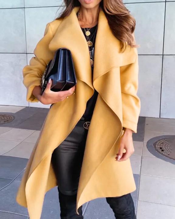 Solid Belted Waterfall Collar Coat-yoyobikini