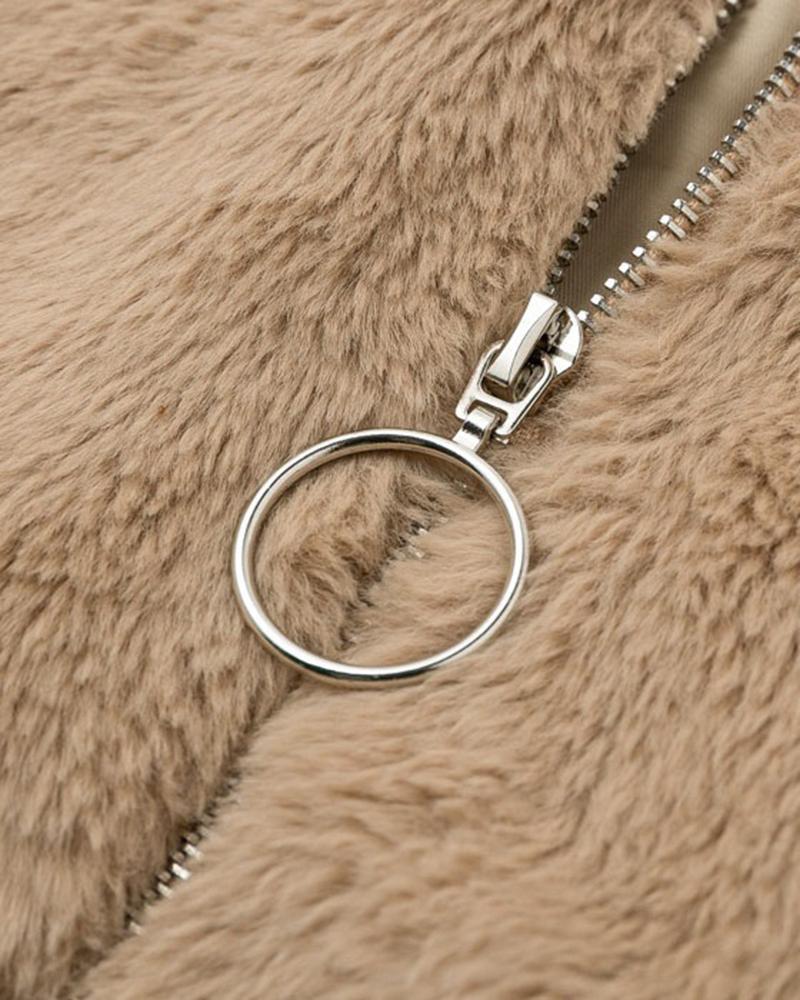 Solid Zip Up Collar Teddy Jacket-yoyobikini