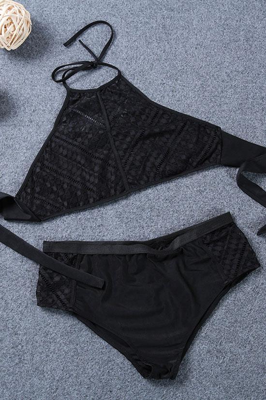 Plus Size High Neck Lace Panel Bikini Swimsuit - Two Piece Set-yoyobikini