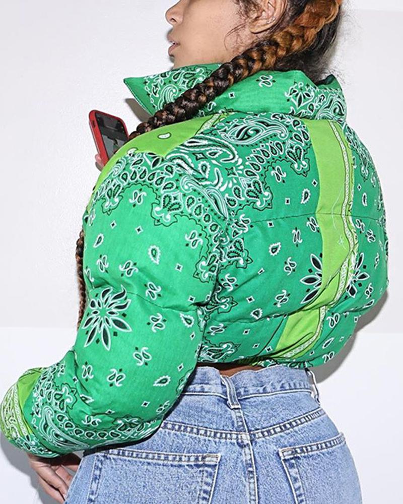 Paisley Pattern Zip Up Crop Puffer Jacket-yoyobikini