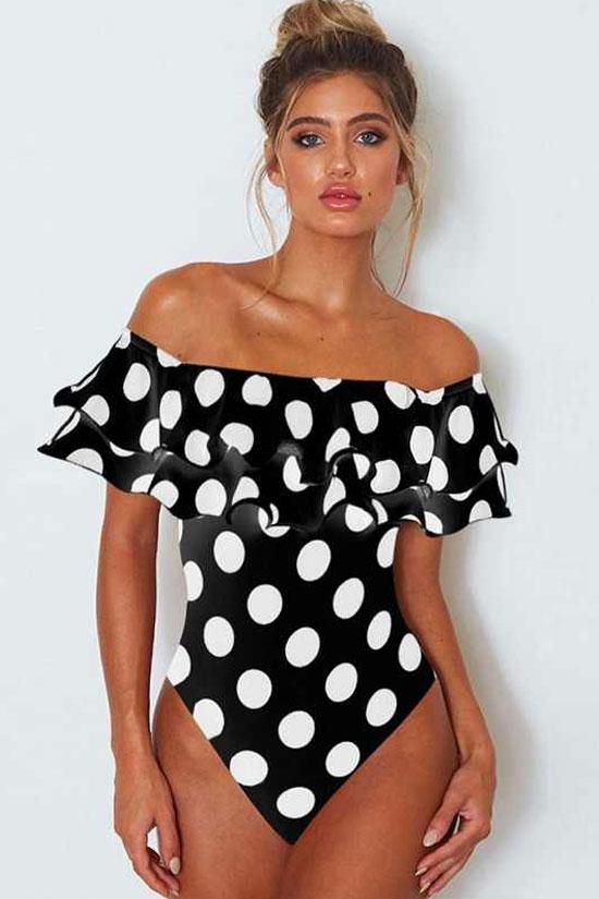 Vintage Polka Dot Off The Shoulder One Piece Swimsuit-yoyobikini