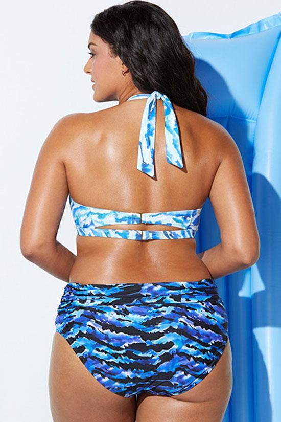 Plus Size Wave Printed Halter Bikini Swimsuit - Two Piece Set-yoyobikini
