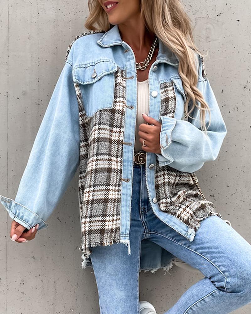 Plaid Spliced Raw Edge Button Up Denim Jacket-yoyobikini