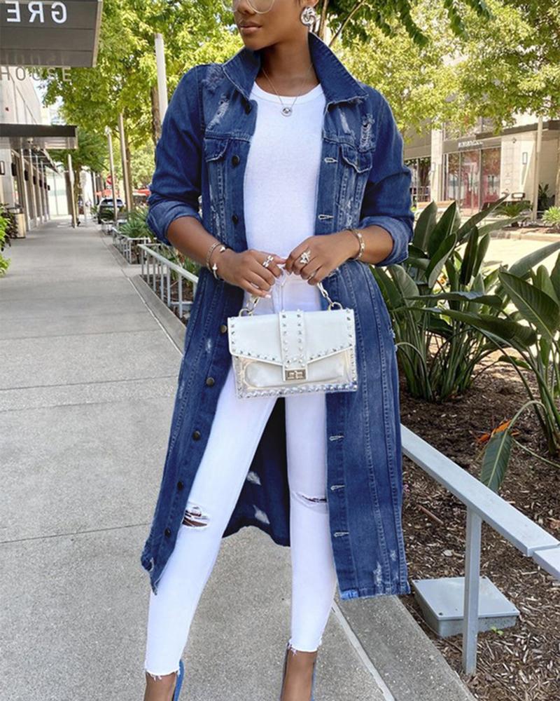 Ripped Button Up Flap Pocket Longline Denim Coat-yoyobikini