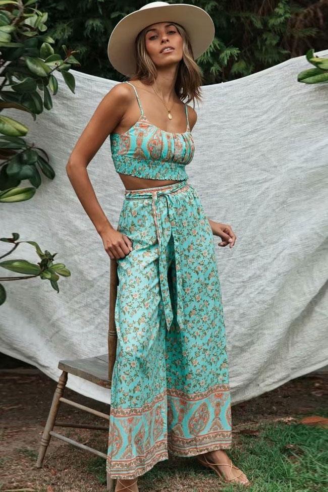 Bohemian Print Shirred Crop Top with High Waist Pants-yoyobikini