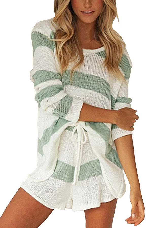 Striped Long Sleeve V Neck Top Drawstring Shorts Leisure Suit-yoyobikini