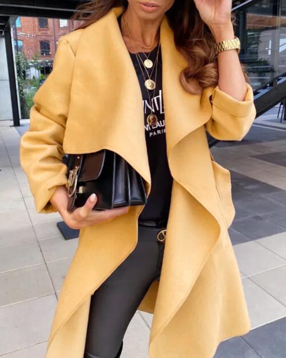 Solid Belted Waterfall Collar Coat-yoyobikini