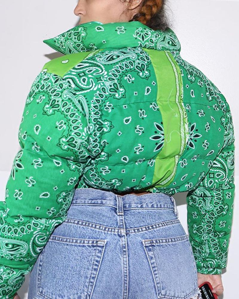 Paisley Pattern Zip Up Crop Puffer Jacket-yoyobikini