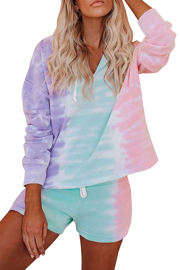 Long Sleeve Tie Dye Hooodie And Shorts Pajamas Set-yoyobikini