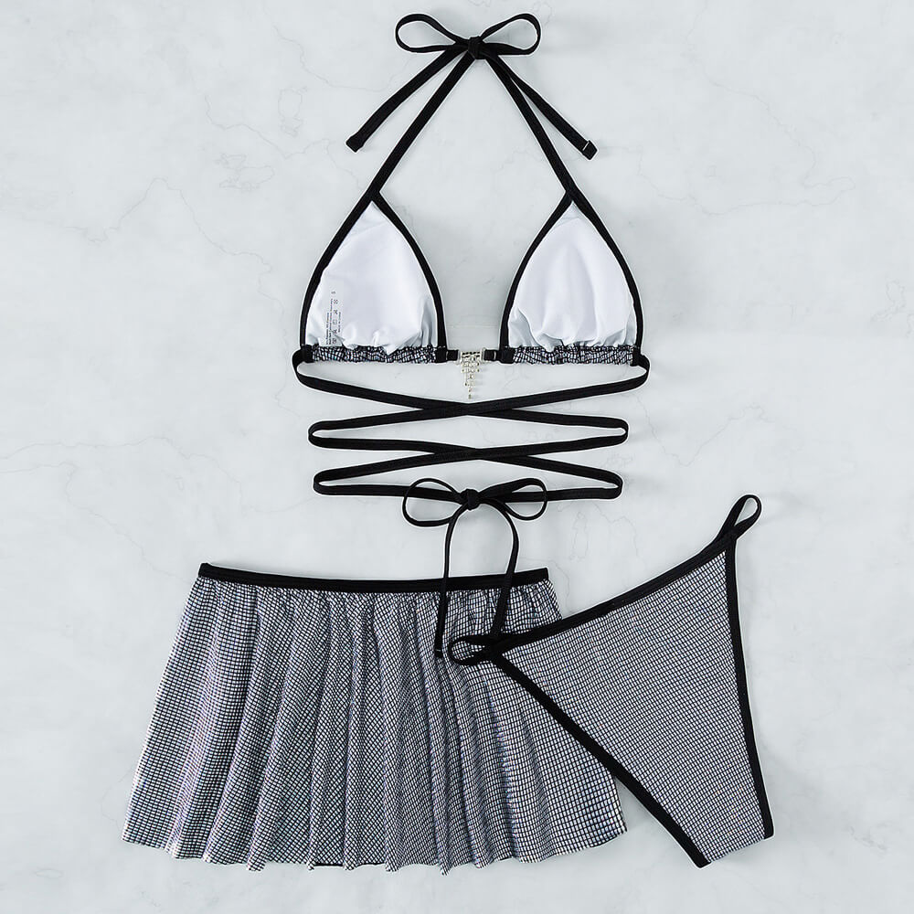 Glitter Gingham Wrap Triangle Brazilian Three Piece Bikini Swimsuit-yoyobikini