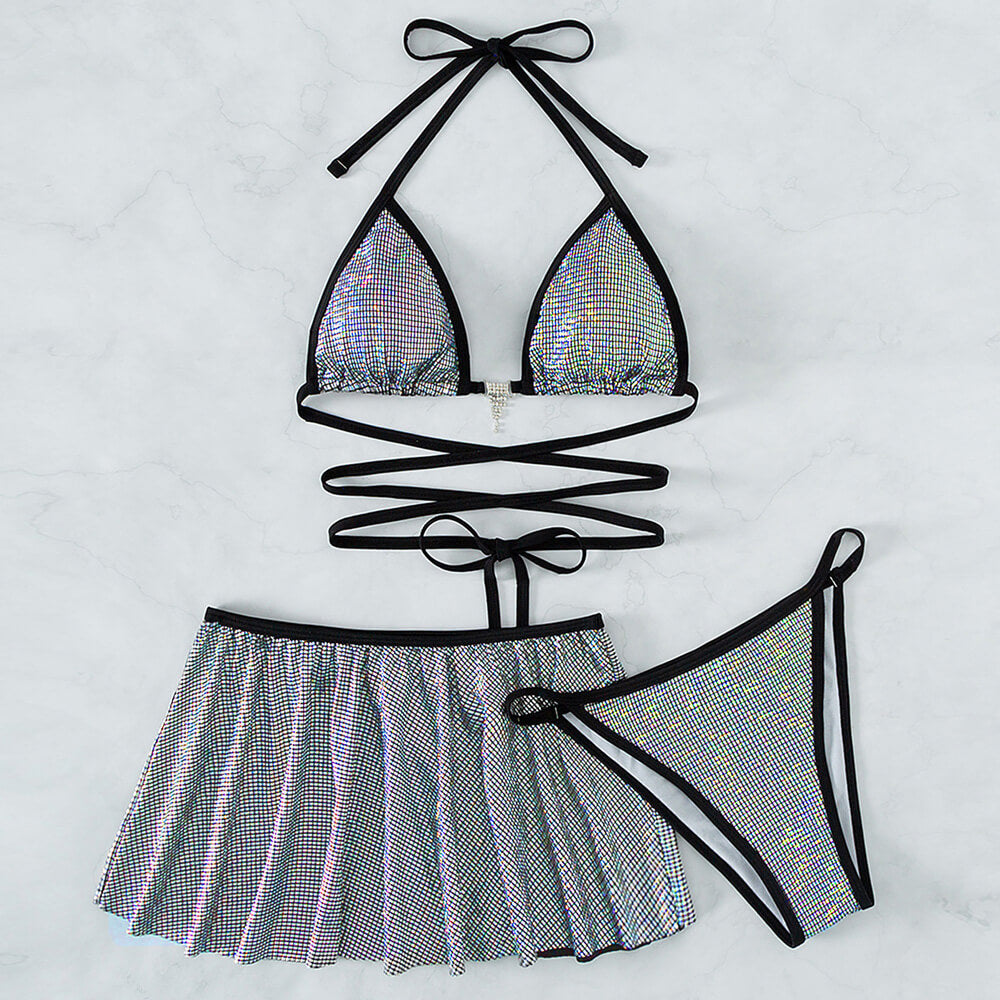 Glitter Gingham Wrap Triangle Brazilian Three Piece Bikini Swimsuit-yoyobikini