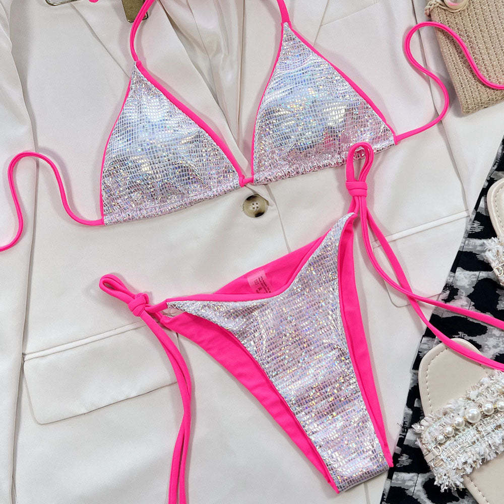 Glitter Grid Halter Tie String Slide Triangle Brazilian Two Piece Biki ...