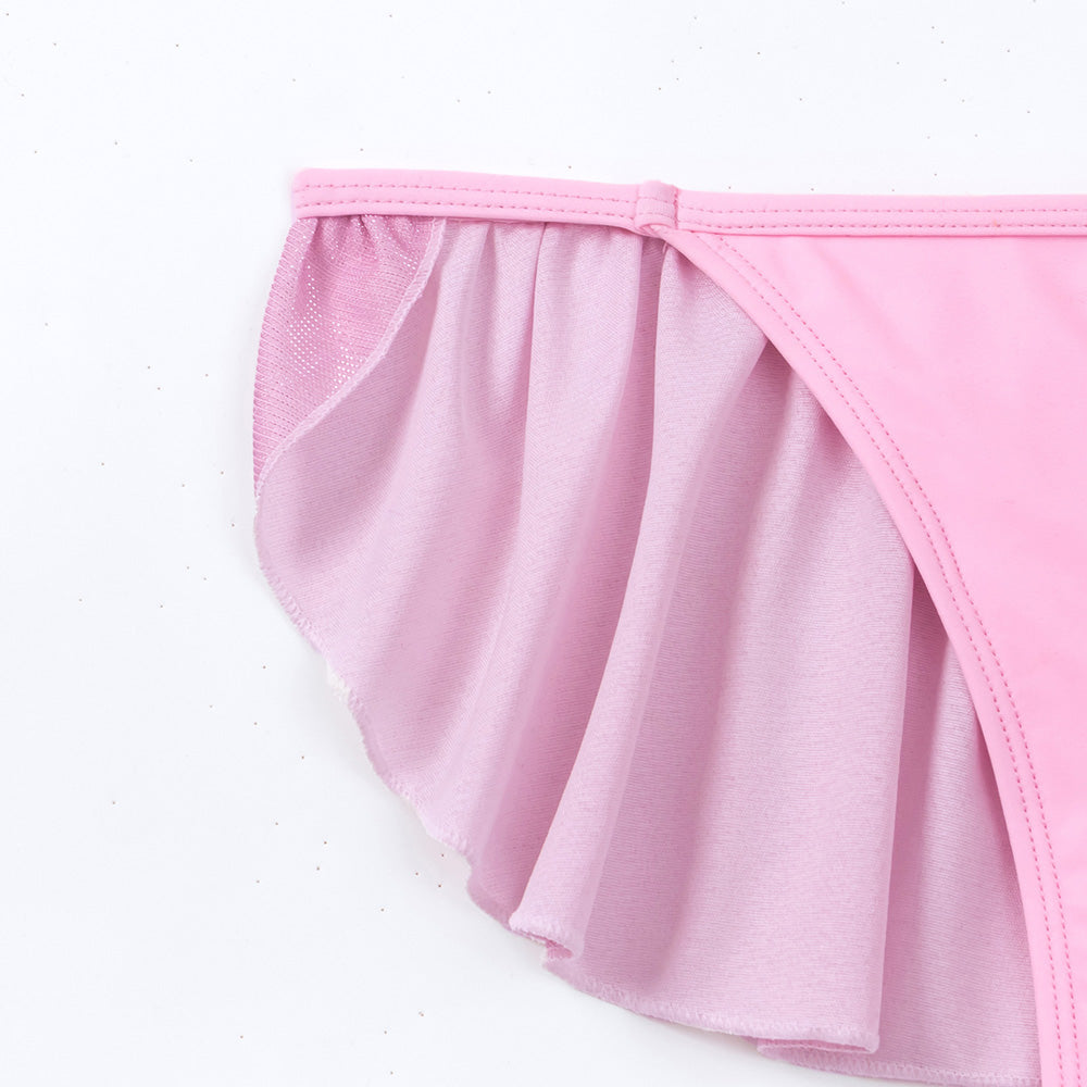 Glitter Solid Ruffle Thong Ruched Trim String Brazilian Bikini Bottom-yoyobikini