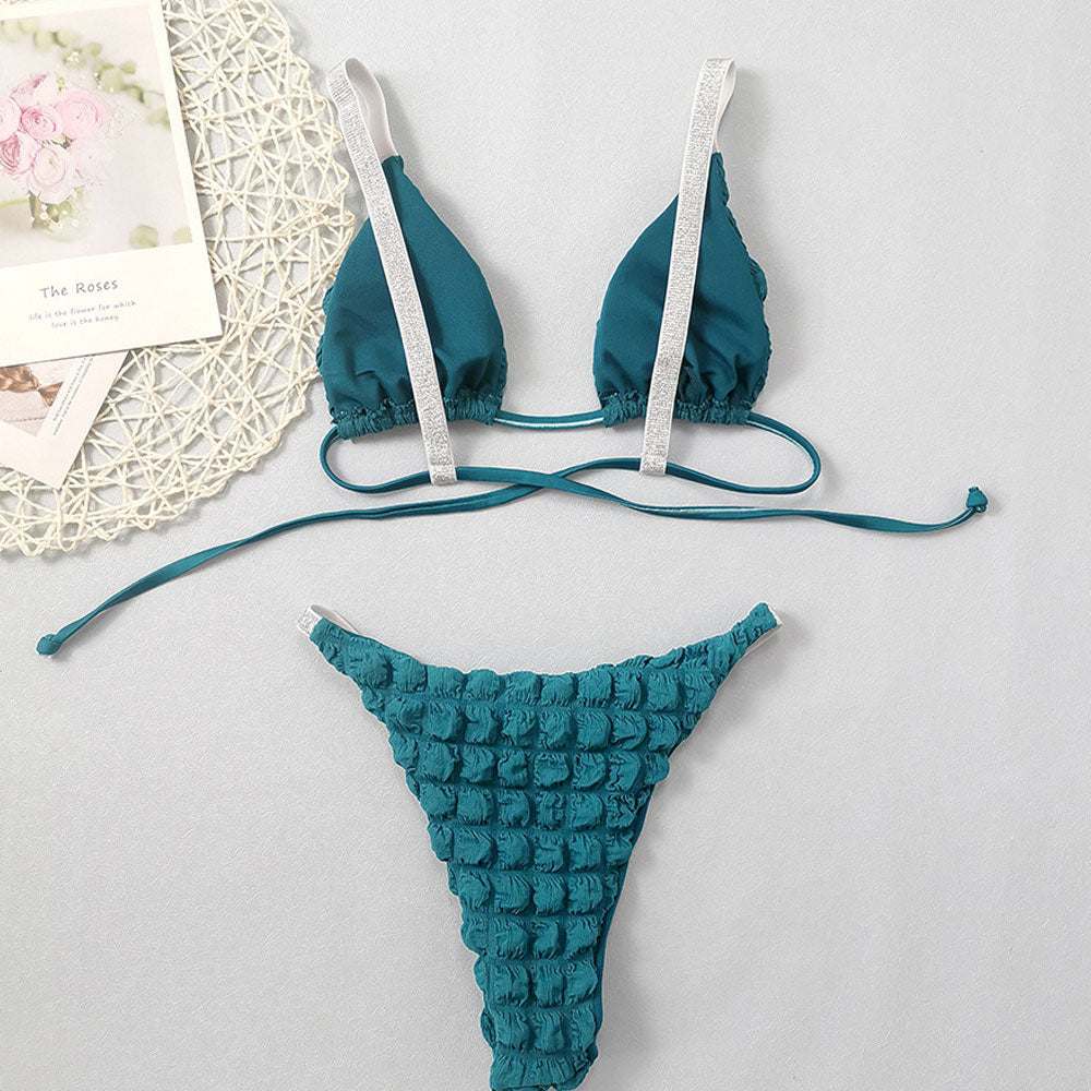 Glitter String Smocked Popcorn Slide Triangle Brazilian Two Piece Bikini Swimsuit-yoyobikini
