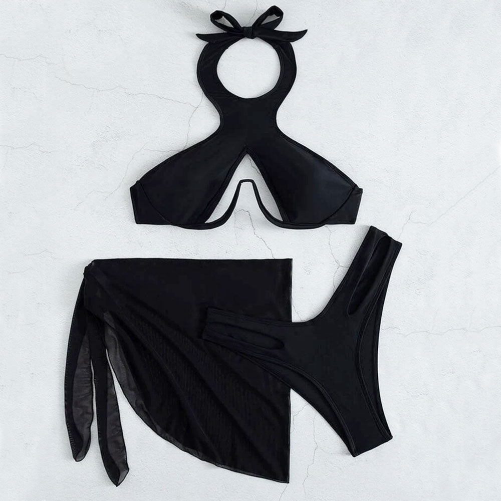 Gorgeous Sarong High Cut Cutout Underwire Brazilian Three Piece Bikini ...