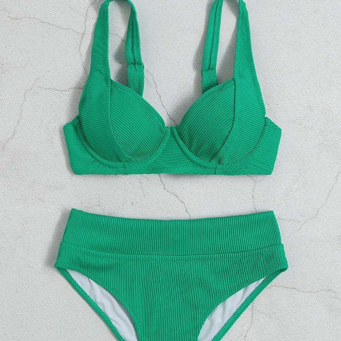 Groovy Ribbed Mid Rise Underwire Brazilian Two Piece Bikini Swimsuit-yoyobikini