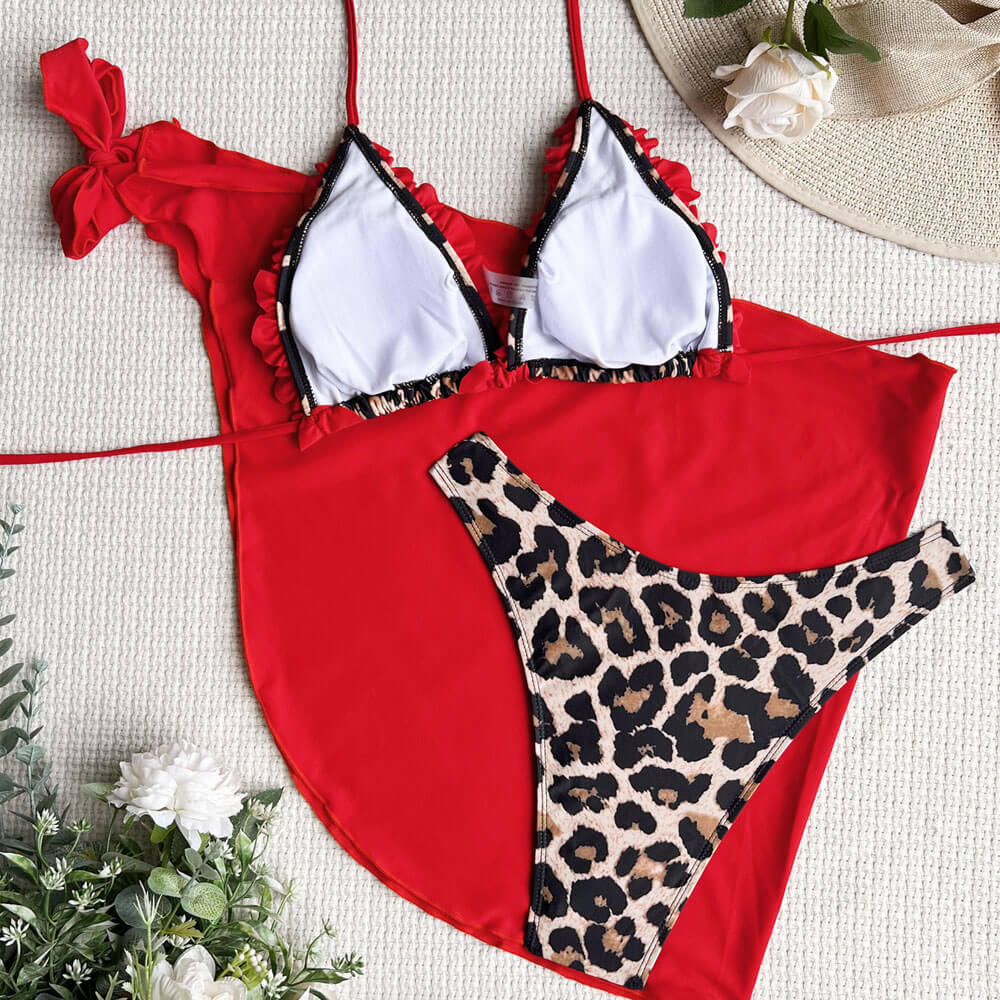 Leopard Print High Cut Ruffle Slide Triangle Brazilian Three Piece Bikini Swimsuit-yoyobikini