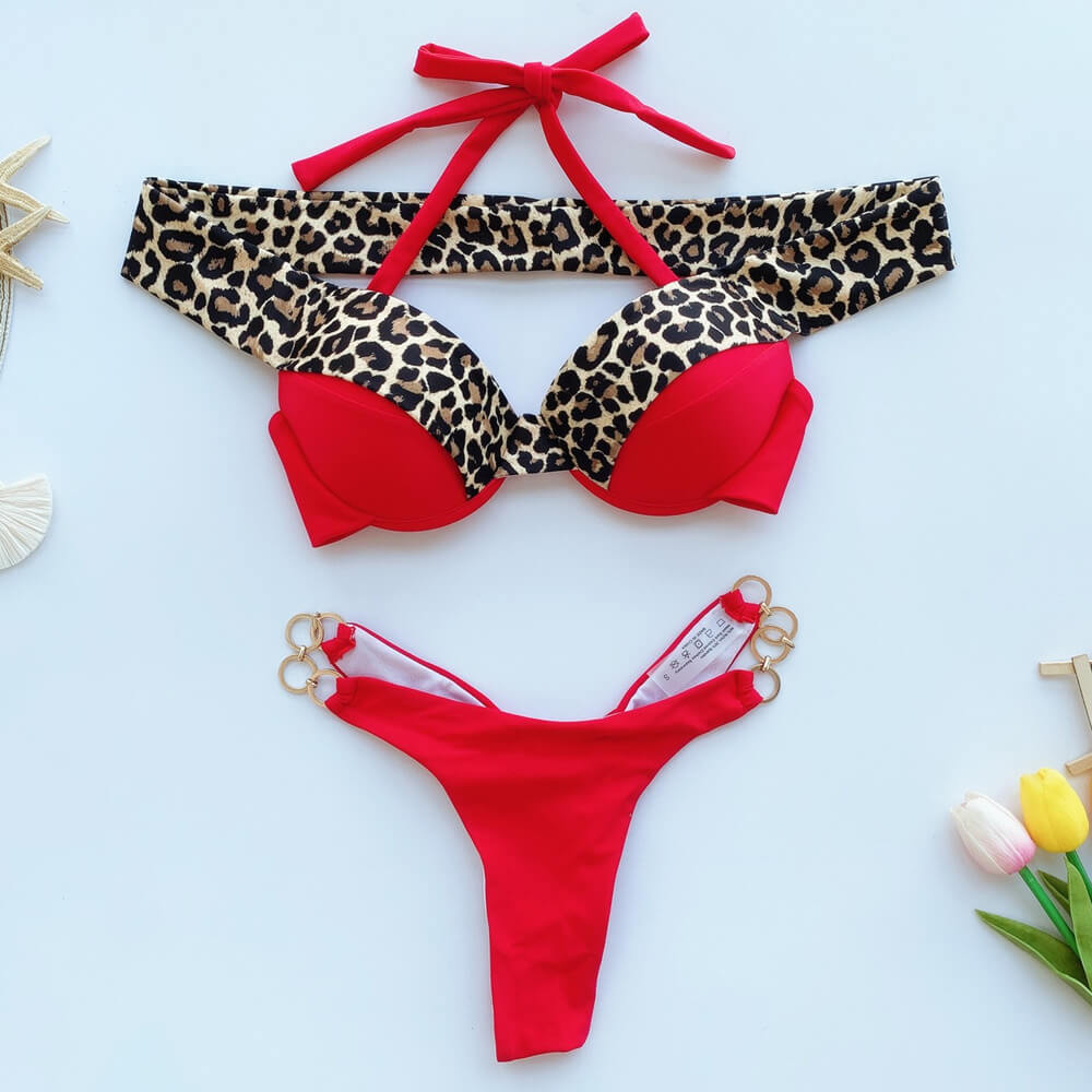 Leopard Thong O Ring Underwire Off Shoulder Brazilian Two Piece Bikini Swimsuit-yoyobikini
