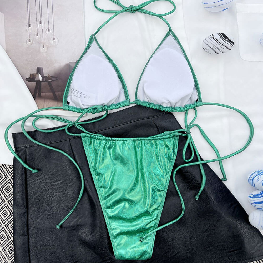 Metallic Abstract Print String Slide Triangle Brazilian Two Piece Bikini Swimsuit-yoyobikini