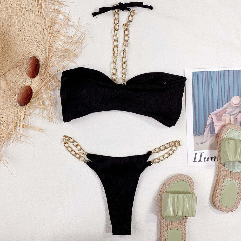 Metallic Chain Halter Bandeau Ribbed Brazilian Two Piece Bikini Swimsuit
