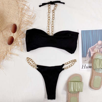 Metallic Chain Halter Bandeau Ribbed Brazilian Two Piece Bikini Swimsuit