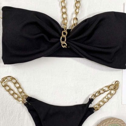 Metallic Chain Halter Bandeau Ribbed Brazilian Two Piece Bikini Swimsuit