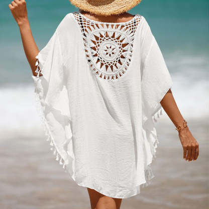 Oversized Tasseled Sleeved Keyhole Crochet Brazilian Mini Beach Cover 