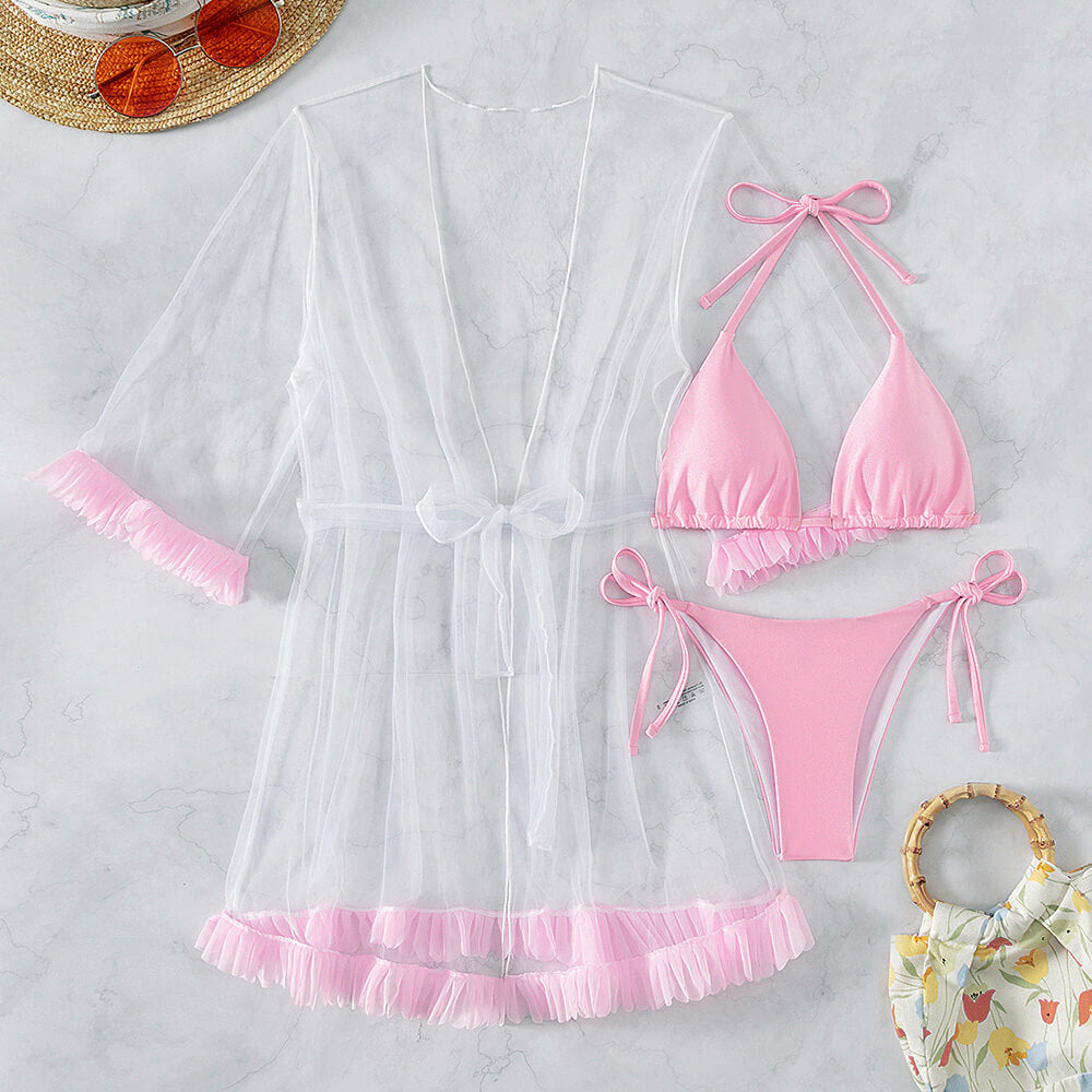 Petal Cover Up Tie String Triangle Brazilian Three Piece Bikini Swimsuit-yoyobikini