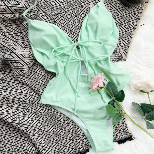 Refreshing High Cut Cutout Tie String Halter Brazilian One Piece Swims ...