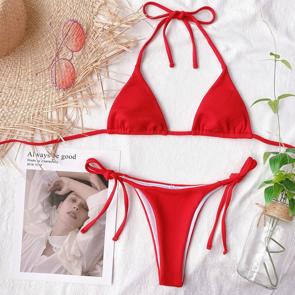 Ribbed Solid Color Tie String Slide Triangle Brazilian Two Piece Bikini Swimsuit-yoyobikini