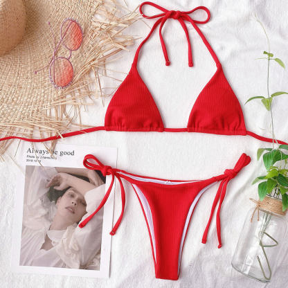 Ribbed Solid Color Tie String Slide Triangle Brazilian Two Piece Bikini Swimsuit-yoyobikini
