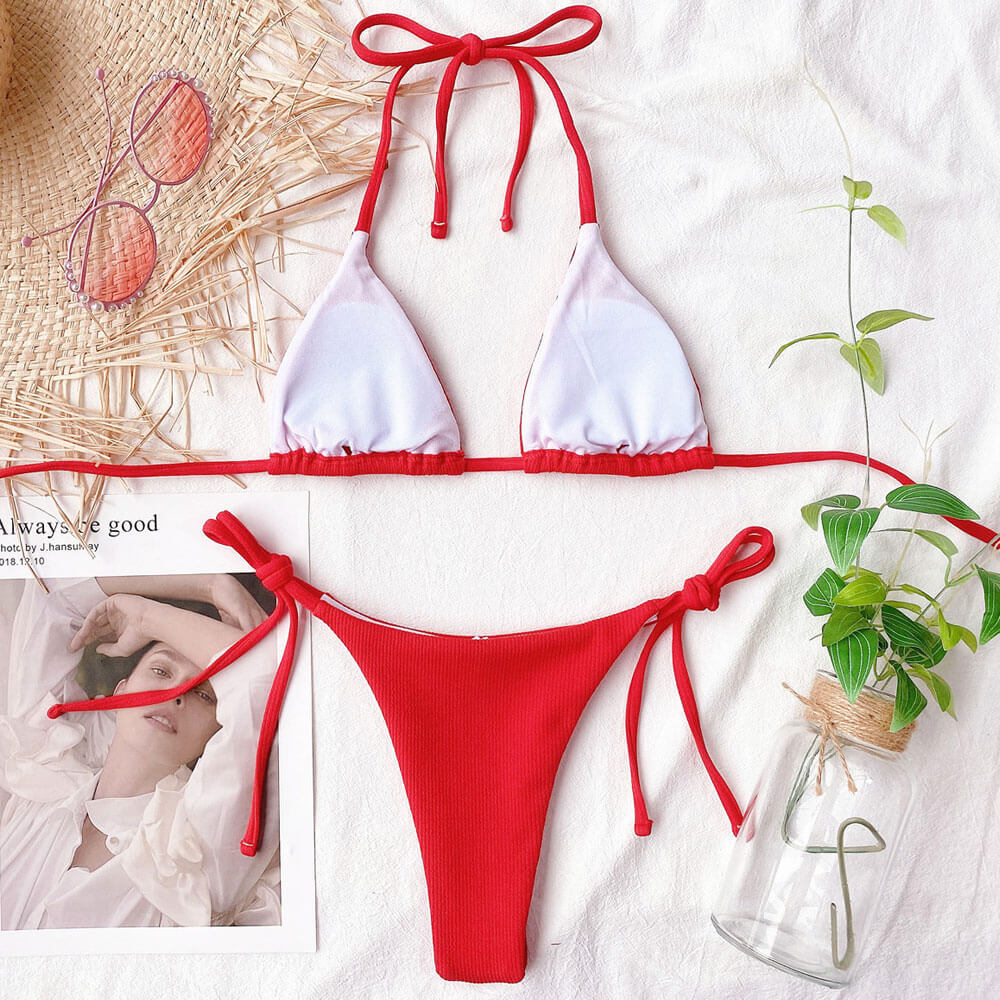 Ribbed Solid Color Tie String Slide Triangle Brazilian Two Piece Bikini Swimsuit-yoyobikini