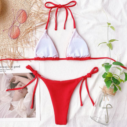 Ribbed Solid Color Tie String Slide Triangle Brazilian Two Piece Bikini Swimsuit-yoyobikini