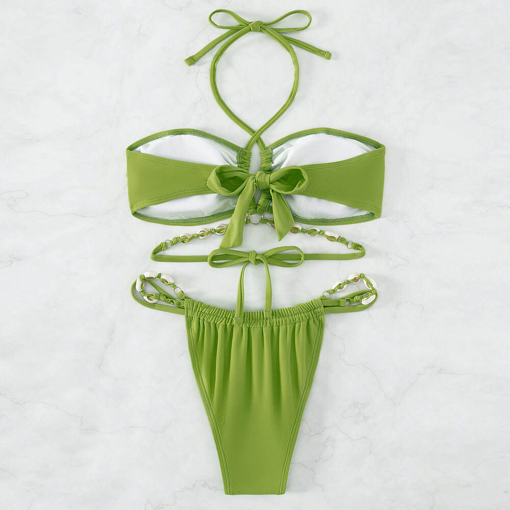 Seal Shell String Wrap Around Halter Brazilian Two Piece Bikini Swimsuit-yoyobikini