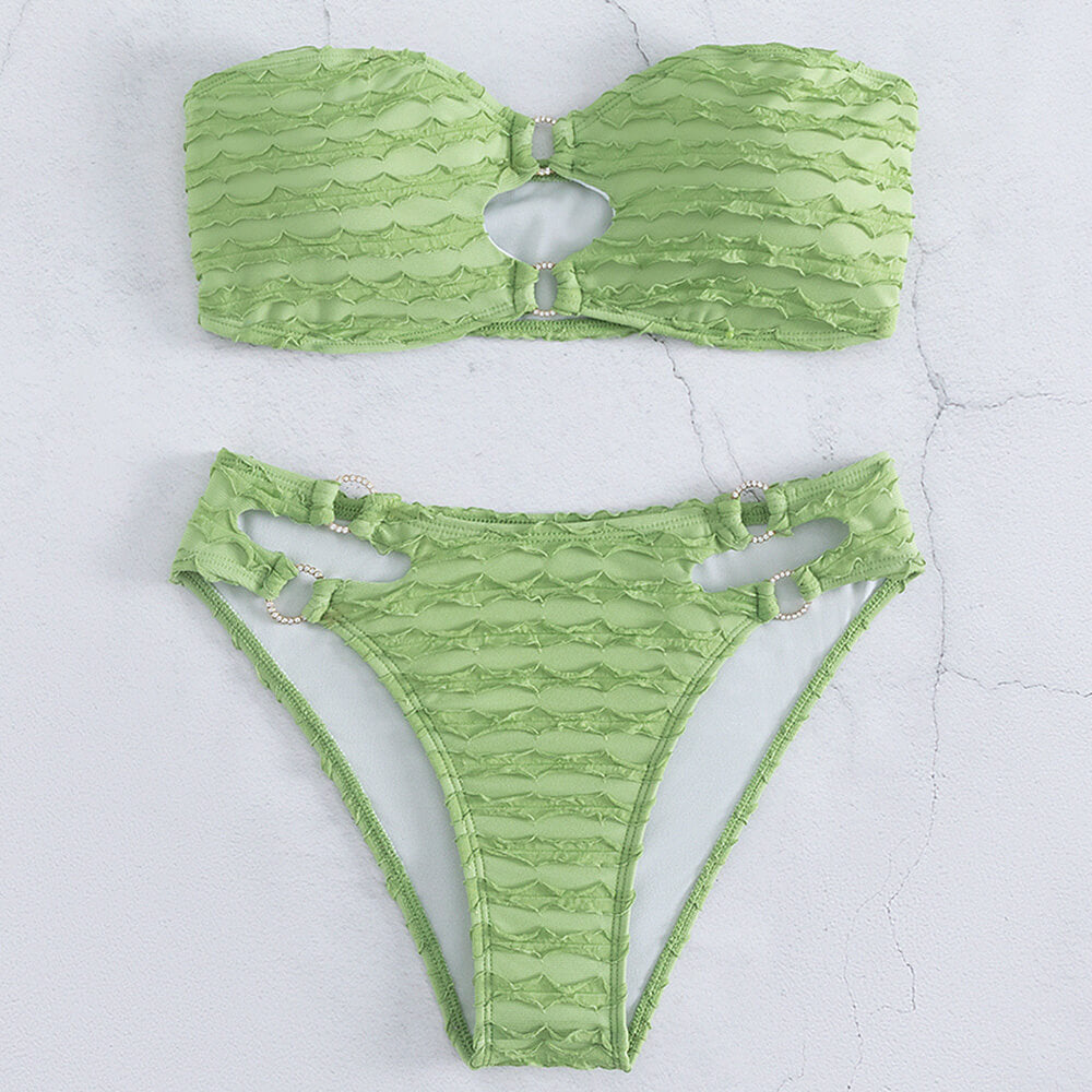 Sexy High Cut O Ring Textured Bandeau Brazilian Two Piece Bikini Swimsuit-yoyobikini