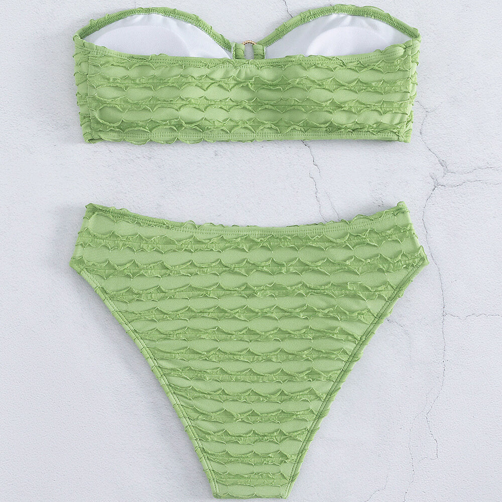 Sexy High Cut O Ring Textured Bandeau Brazilian Two Piece Bikini Swimsuit-yoyobikini